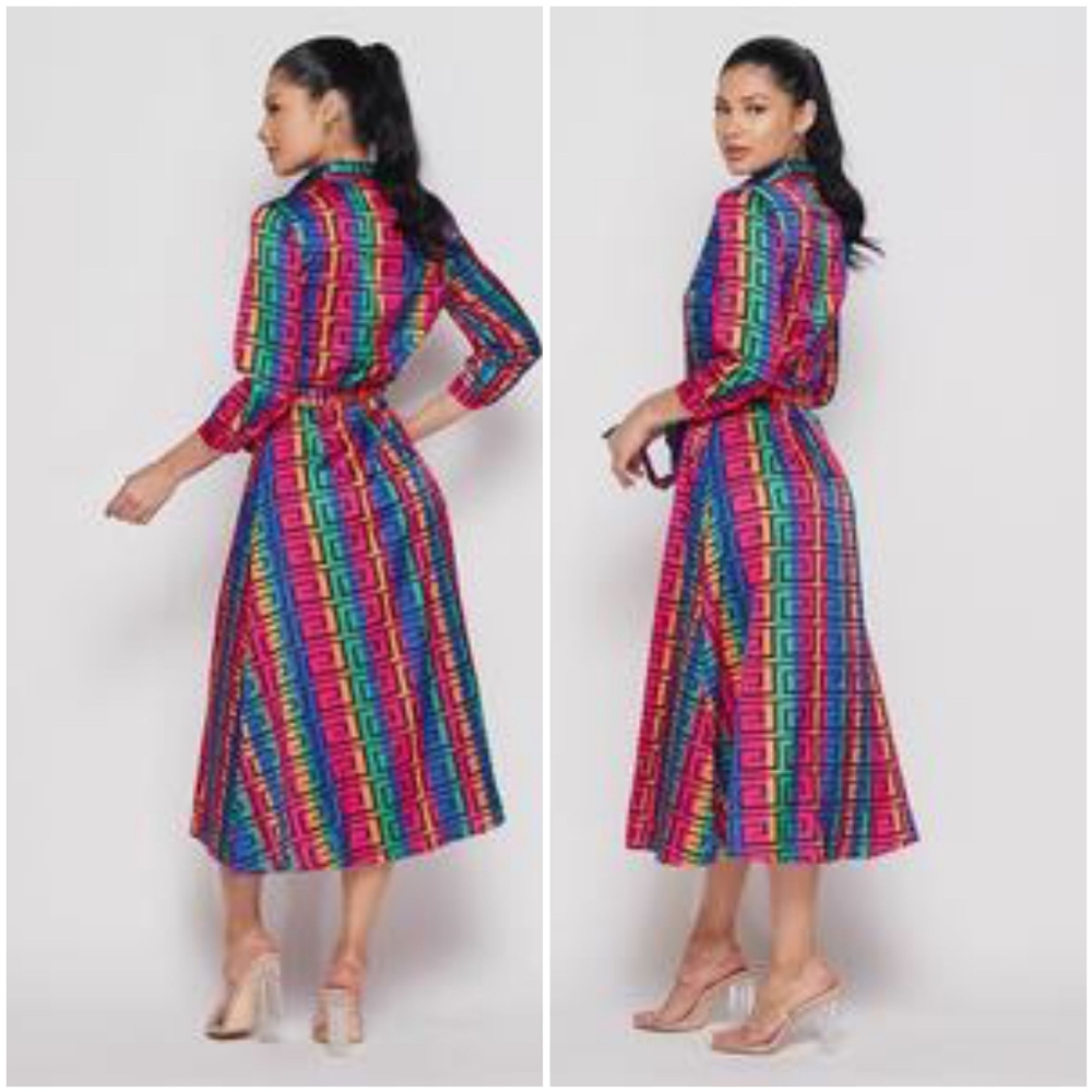 Women MIDI Shirt Collar Button Down Casual Bohemian Dress Tie Belted